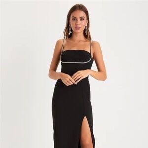 Like new! Lulus black rhinestone sleeveless bodycon midi dress” now a mini
